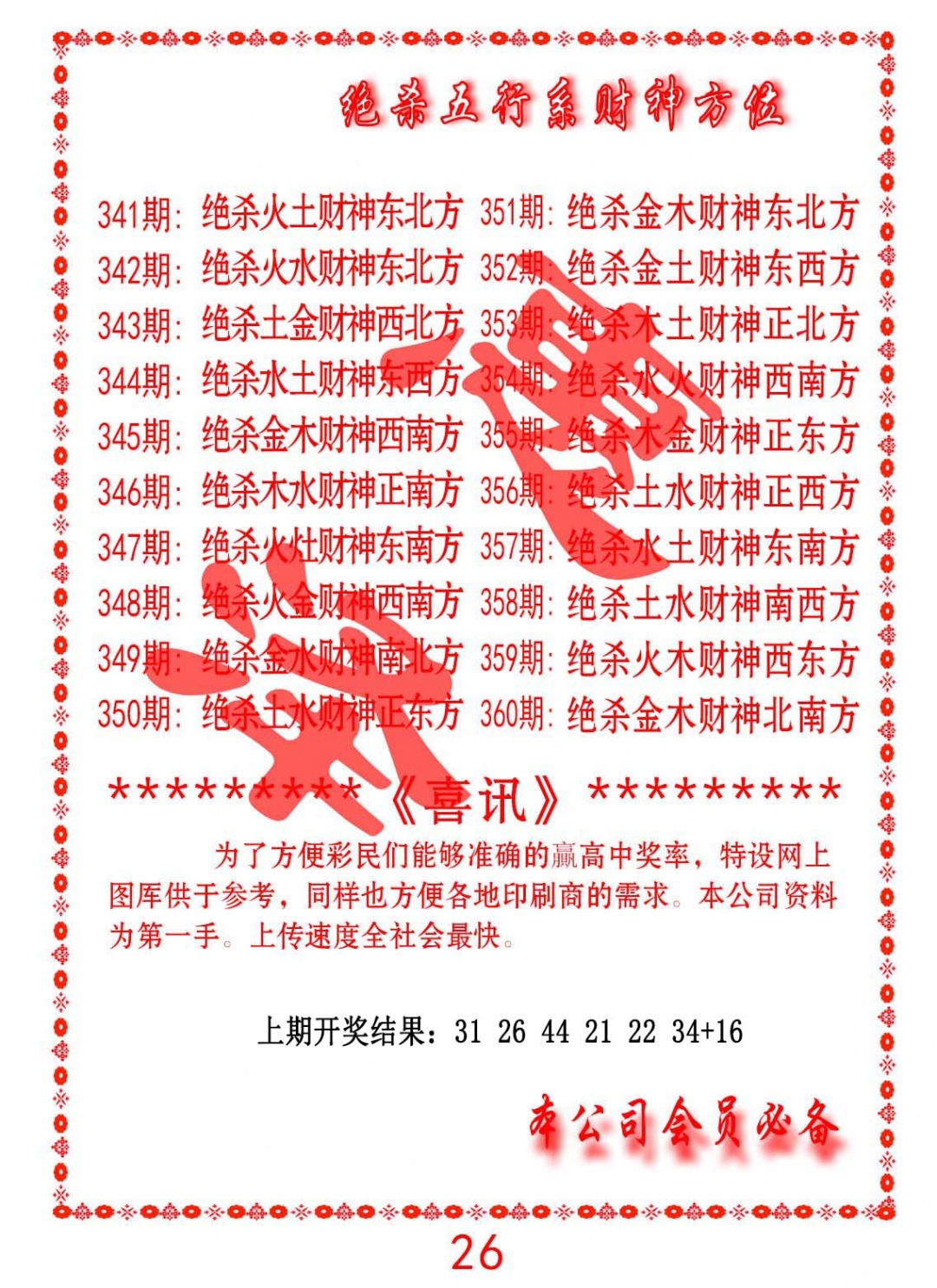 349期绝杀五行及财神方位[图]